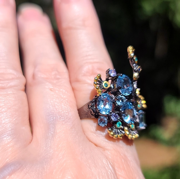 Blue Topaz & Amethyst Peacock Sterling & Gold dramatic ring